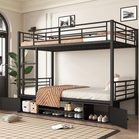 Bett Etagenbett 90x200 cm Metall Schwarz mit 3-stufiger Leiter, Fallschutz und Schuhregal mit 2 Türen (1/5)
