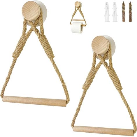 2 Pièces Porte Rouleau Papier Toilette Mural Bois, Dérouleur Papier Toilette Adhesif, Support Rouleau Papier Toilette Mural Corde en Bois Anneau de Serviette Rustic, pour Salle de Bain et Cuisine (1/5)