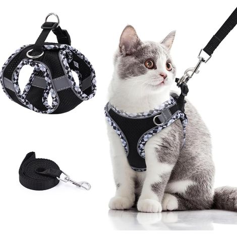 Harnais pour Chat, Harnais Chaton Réglable, Harnais Chien Laisse Anti Évasion, Chat Refléchissant Gilet Respirant, Harnais et Laisse Sécurité, Harnais et Laisse pour Chat Puppy, XXS, Noir (1/5)