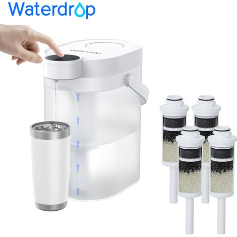 Waterdrop FreshTaste Water Hardener Electric Water Filter Jug, 4L Water Filter Dispenser for Refrigerator, Reduces Limescale, Chlorine, Lead, Copper, Cleans, White (With 4 Litre Filters) (1/5)