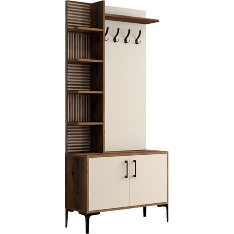 Meuble d'Entrée en bois "Viyana D" - 35 x 90 x 200 cm - Noyer, Crème (1/5)