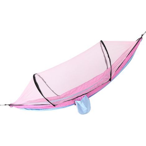 Hamac extérieur avec moustiquaire intégrée anti-retournement, toile parachute (Bleu clair et rose) (1/5)