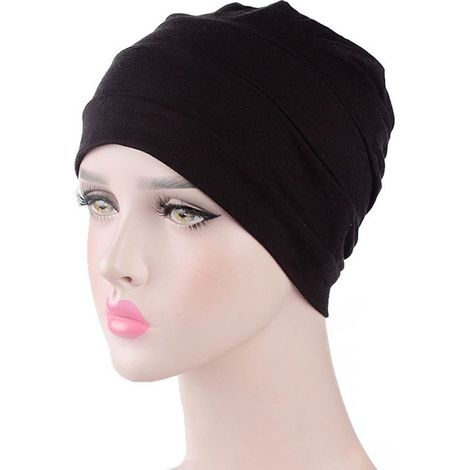 Gorro unisex de punto de algodón plisado de color liso, previene la caída del cabello, ideal para dormir - negro (1/4)