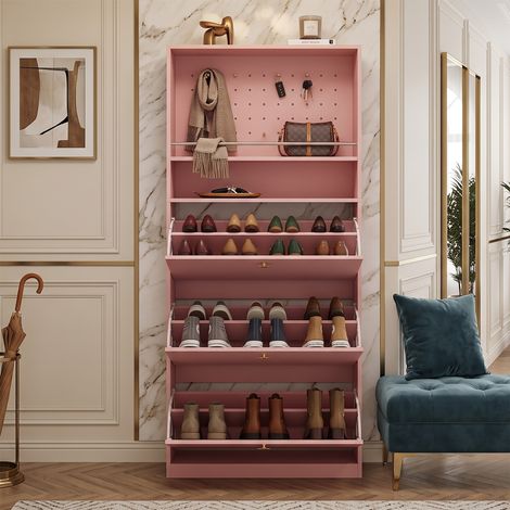 Creahappy Meuble à Chaussures Étroit 80x24x178.5 cm - 3 Portes Abattantes Gain de Place avec Panneau Perforé - Rose Poignées Dorées (1/5)