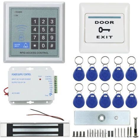 1 Kit contrôle d'accès RFID, serrure magnétique électronique, porte vitrée, bouton ouverture, sonnette, alimentation électrique (1/5)