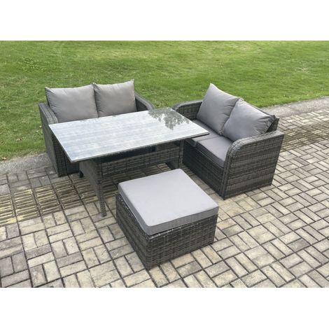 Fimous Garden Patio Furniture Wicker Rattan Oblong Rectangular Dining Table and Loveseat Sofa set with Big Footstool Dark Grey Mixed (1/5)