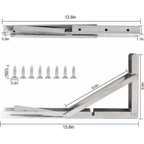 Equerre pliable Équerres pour Étagères, Lot de 2 Pcs Support d'étagère Pliant en Acier Inoxydable, Equerre Rabattable Murale - Equerre Escamotable avec Vis - 350mm x 175mm - (14 Inch) Argent (1/3)