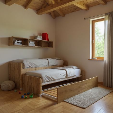 Coppia letti singoli scorrevoli con ruote e contenitori - Made in Italy - Quercia
