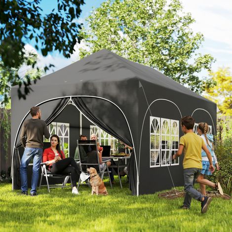 Tonnelle pliante drainage gris barnum imperméable anti-uv 6 parois latérales 6 sacs de sable 12 trous de 3x6m conception robuste