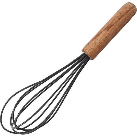 (Gris) Batteur à œufs de 25 cm avec manche en bois, fouet réutilisable en silicone, mélangeur à œufs manuel, mousseur à lait pour la pâtisserie (1/5)