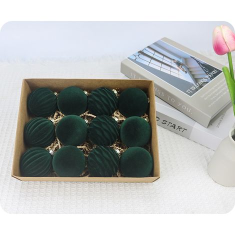 Weihnachtskugel mit Samtbeflockung (2026) – Dunkelgrüner Plüschschmuck für den Weihnachtsbaum (1/4)