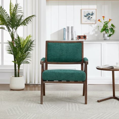 Chaise de salle à manger, clous décoratifs, pour salon et chambre, cadre en bois massif, en lin, vert