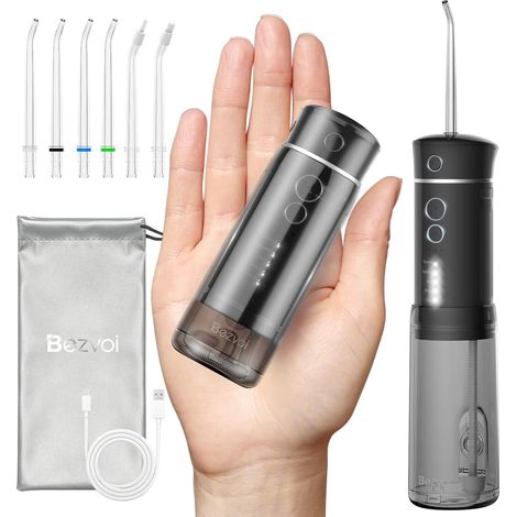 Mini Hydropulseur Voyage 5 Modes, 6 Embouts, Réservoir Télescopique Sac de rangement inclus, Charge USB-C, Étanchéité IPX7, Convient aux bagues dentaires et gencives sensibles (1/5)