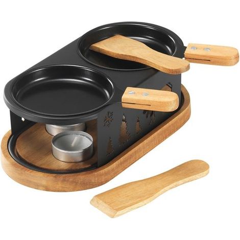 Appareil à raclette 2 personnes – Plateau en bois d'acacia – 2 poêlons avec poignées en bois – Fonctionne avec bougies chauffe-plat
