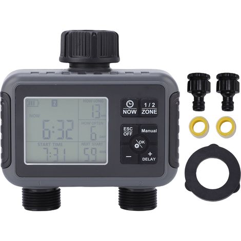 Programmateur d'arrosage 2 voies avec retardateur de pluie, mode manuel et automatique, écran LED, raccord 3/4 pouces pour jardin (1/5)