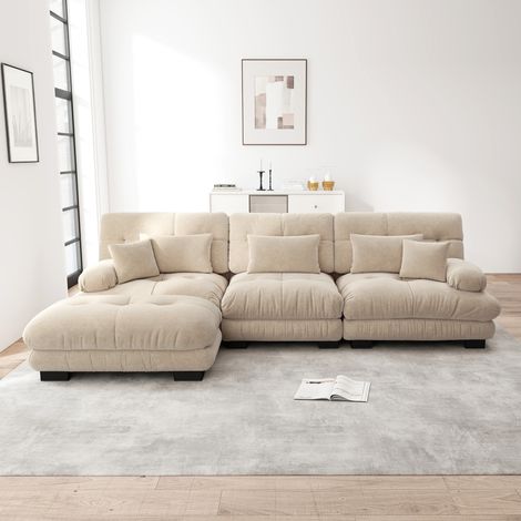 Luxuriöses Modulares Ecksofa - Übergroßes L-förmiges Cloud Couch für Wohnzimmer, Tiefes Schlafsofa mit Ottoman, Cord, Chenille Hellbraun