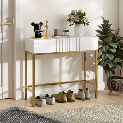 Konsolentisch mit 2 Schubladen, goldene Beine, 80 x 31,5 x 75 cm, Weiß
