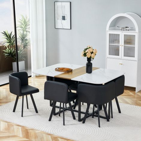 Ensemble de table à manger,Table de cuisine avec chaises,Table avec finition grain de bois et cadre en métal noir,peut accueillir 4 à 6 personnes,pour la cuisine et le salon,Blanc,Bois (1/5)