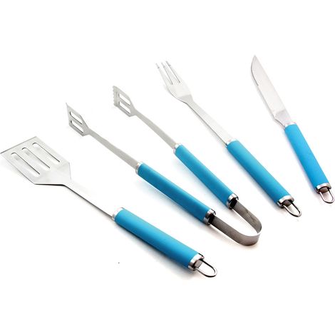 Set 4 Utensili Accessori per Barbecue in Metallo e TPR Azzurro