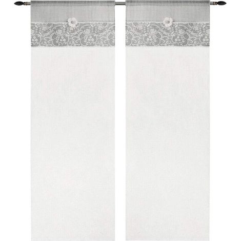Tende Coppia Finestra Porta Interno Tessuto Shabby Chic Margherita Grigio - 60x240 cm