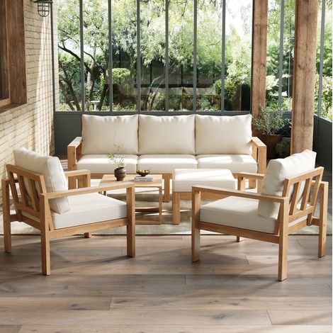 Set di mobili da giardino in legno di acacia e poliestere crema, 3 posti con 2 poltrone, poggiapiedi e tavolino, 4-6 persone (1/5)