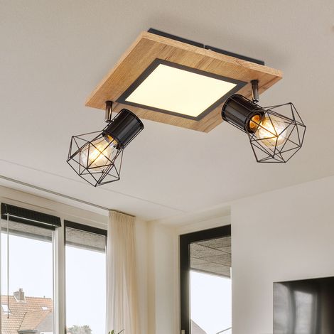 Deckenlampe Wohnzimmerleuchte LED-Platine Metallgitterschirme Spots beweglich Holzoptik, 2 x E27, 12W 1100lm warmweiß, LxBxH 30x30x22,5 cm