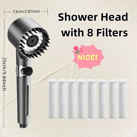 Pommeau de douche à main haute pression (9 pièces) avec 3 modes réglables, arrêt automatique de l'eau et filtre anti-calcaire. Comprend 8 filtres pour la douche. (1/5)