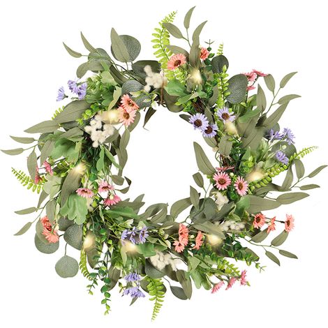 Couronne de fleurs de Simulation, marguerite d'eucalyptus, décoration de maison de mariage avec ficelle lumineuse de 2m pour (1/5)