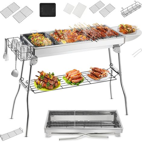 Edelstahl Holzkohlegrill mit Klappfunktion, Große Grillfläche 130×32 cm, Stabiles Standgestell, 2 Verchromte Grillroste, Praktische Seitenablagen, Mobiler Standgrill für Garten, Terrasse & Camping (1/5)