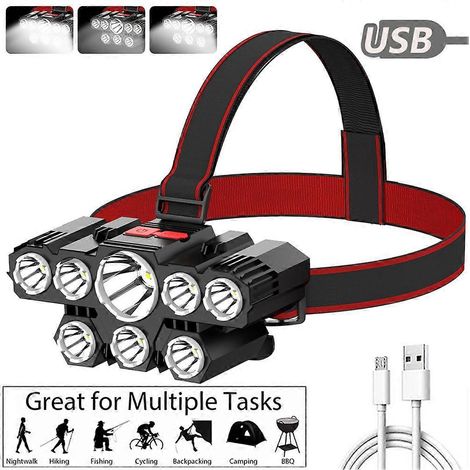Lampe frontale 8 LED, batterie intégrée rechargeable USB 1200 mAh, puissant éclairage pour la randonnée, le camping, la course à pied et le travail en extérieur (1/5)