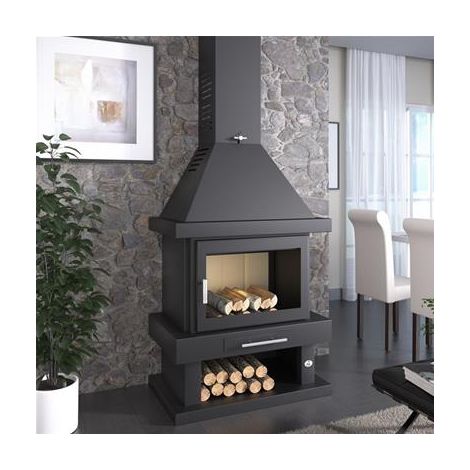 Cheminée à bois métallique 14kW – Double combustion – Porte en fonte – Raccordement sortie Ø250 mm – Volume de chauffe jusqu'à 373 m3 – FM (1/4)