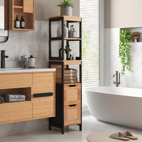 Noir Naturel 30x30x144,3 cm - Placard de salle de bain haut doté de 3 étagères et 2 tiroirs, style moderne, et