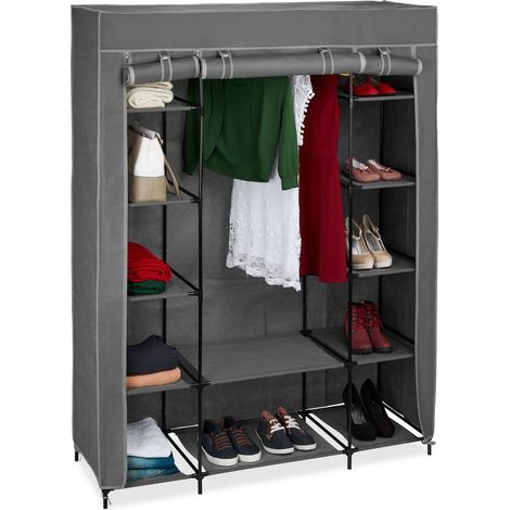 Relaxdays Armadio in Tessuto, con Asta per Abiti e 12 Ripiani, Pieghevole, Cerniera Zip, HLP: 175x135x45cm, Antracite
