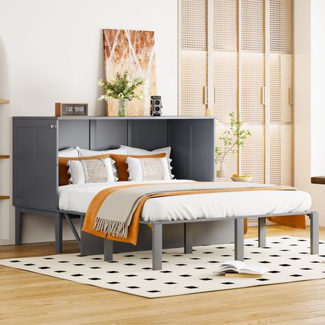Cama Abatible 140x200 cm Plegable Vertical Con Somier Almacenamiento Gris (Sin Colchón)