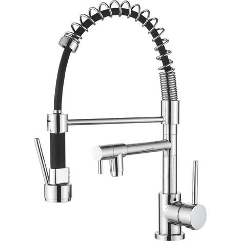 Robinet de Cuisine avec Douchette Extractible, Mitigeur d'évier avec Deux Becs, Chromé, Argent (1/5)