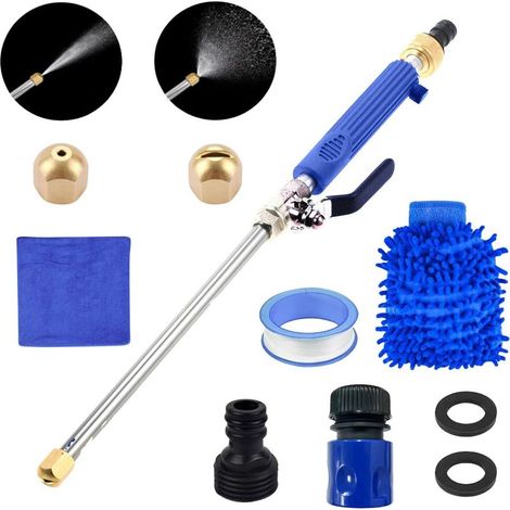 Pistolet nettoyage haute pression kit bleu, pour jardin, cour, véhicule, allée et terrasse. Nettoie efficacement saleté, mousse et poussière avec débit réglable. (1/5)