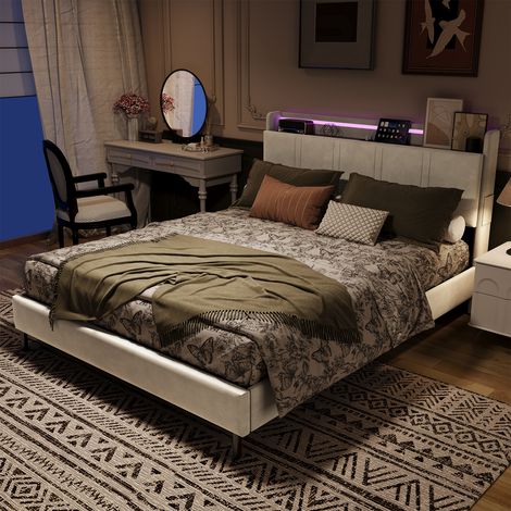 CJHXE Letto imbottito 140 x 200 cm, letto matrimoniale con testiera contenitiva, porta USB di ricarica e illuminazione a LED, struttura del letto in legno a doghe (1/5)