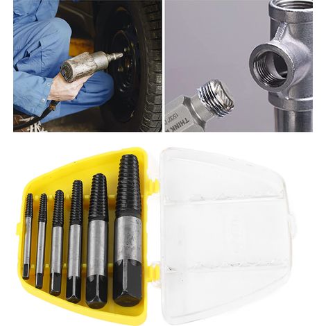 Extractor de tornillos para tornillos rotos – juego de acero de 6 piezas con caja amarilla para reparaciones domésticas y de automóviles. (1/5)