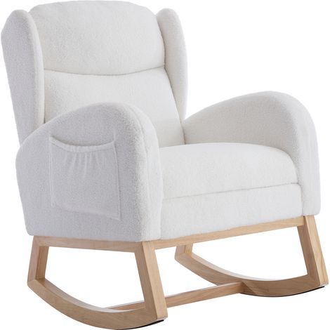 Sillón balancín con estructura de madera, reposapiés ajustable, tejido teddy, blanco (1/5)