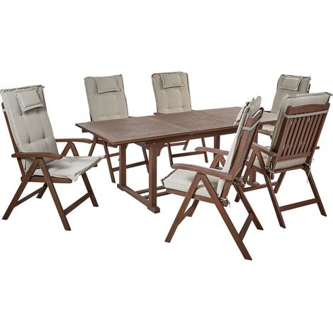 Set da giardino con 6 sedie in legno di acacia marrone scuro con cuscini grigio talpa Amantea