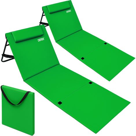 DETEX® 2x Strandmatte mit Rückenlehne Gepolstert Grün Sonnenliege klappbar UV-beständig Tasche Reißverschluss Kissen Tragegurt Garten Camping Picknick Liegematte 158x56cm