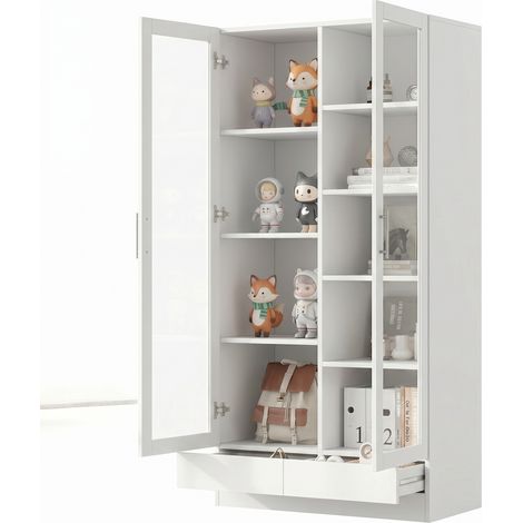 CHICFURN Armario vitrina de oficina 80x40x160 cm blanco de MDF y vidrio, 2 cajones (1/5)