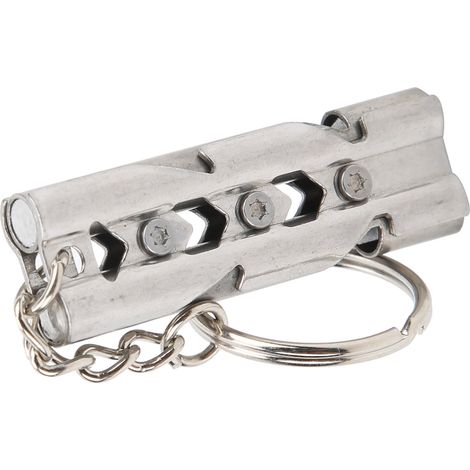 Sifflet de survie d'urgence en acier inoxydable pour extérieur, à double tube et à décibels élevés, avec porte-clés, argent (1/5)