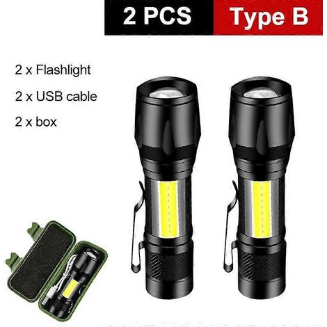 Lampe torche LED puissante rechargeable USB avec zoom et batterie intégrée XP-G Q5. 3 modes d'éclairage LED longue portée. Lot de 2. (1/5)