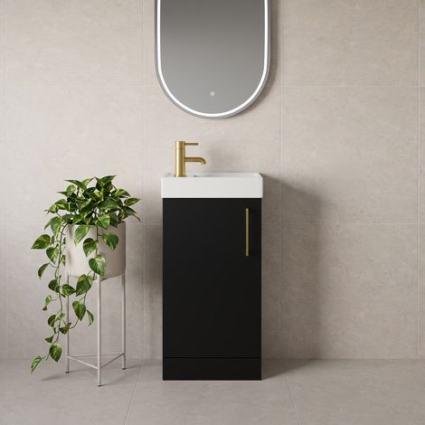 Napoli Cube Matt Black 400mm Single Door Vanity Unit with Align Basin - 400mm - Brushed Brass 160mm Handle