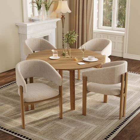 Juego de 4 sillas de comedor de metal efecto madera con reposabrazos, lino beige HAVRYA (1/5)