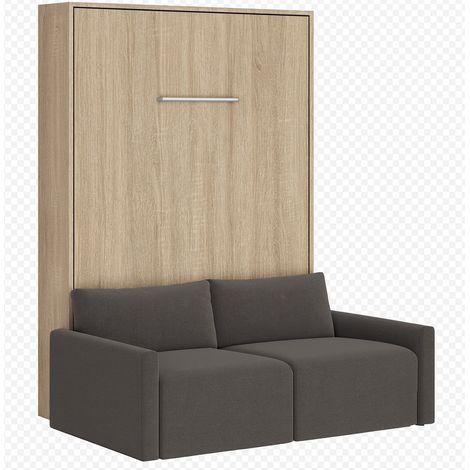 Lit escamotable vertical avec canapé tissu VALENCIA Matelas mousse 18 cm Gris foncé-Avec matelas-140x190-Canapé Gris foncé-Structure Chêne clair (1/5)