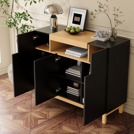 Buffet bas de cuisine 120.5x42x96 cm, Meuble de rangement pour salon et salle à manger, Commode 3 portes avec étagères en bois style moderne, Noir (1/5)