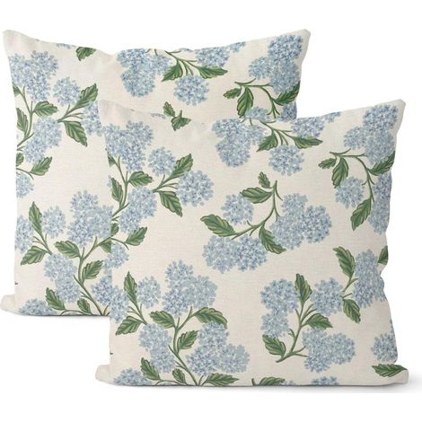 Lot de 2 Housses de Coussin 50x50cm – Lin Fleur d’Hortensia Bleu Vert, Housses Décoratives Vintage pour Canapé, Salon et Extérieur, Printemps/Été (1/5)