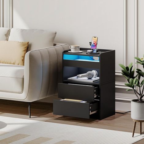 Bedside Table with Charging Station, End Table with 20-Color LED Lights, Nightstand with 1 AC Outlet, 2 USB Ports, 3 Drawers for Bedroom, Living Room, Study, Home Office, Black EBK328KDBZ01,HOOBRO (1/5)
